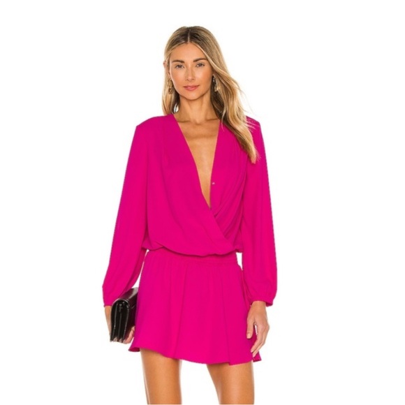 Amanda Uprichard Ciara Hot Pink Wrap Mini Dress Size XS Long Sleeves Night Out! - Picture 1 of 16